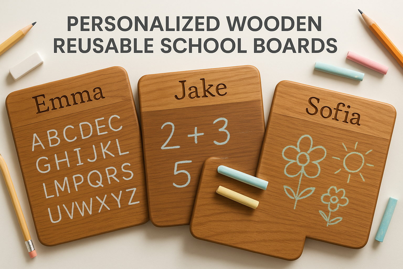 Create a banner for my website on the topic of Personalized Wooden Reusable School Board