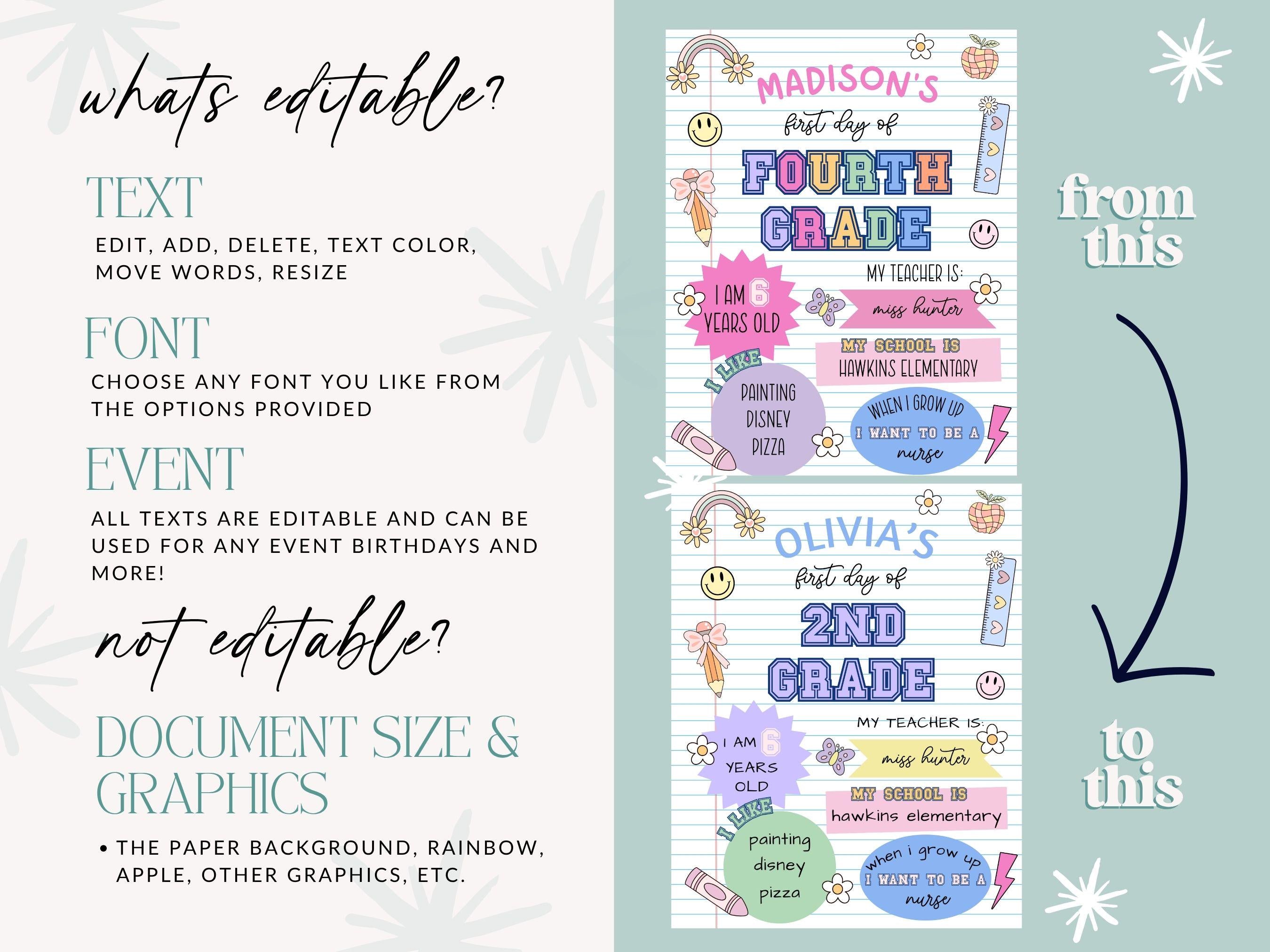 Custom First Day of School Sign Printable, Editable Back to School Sign, Personalized Last Day of 4th Grade Poster, Kids School Photo Prop