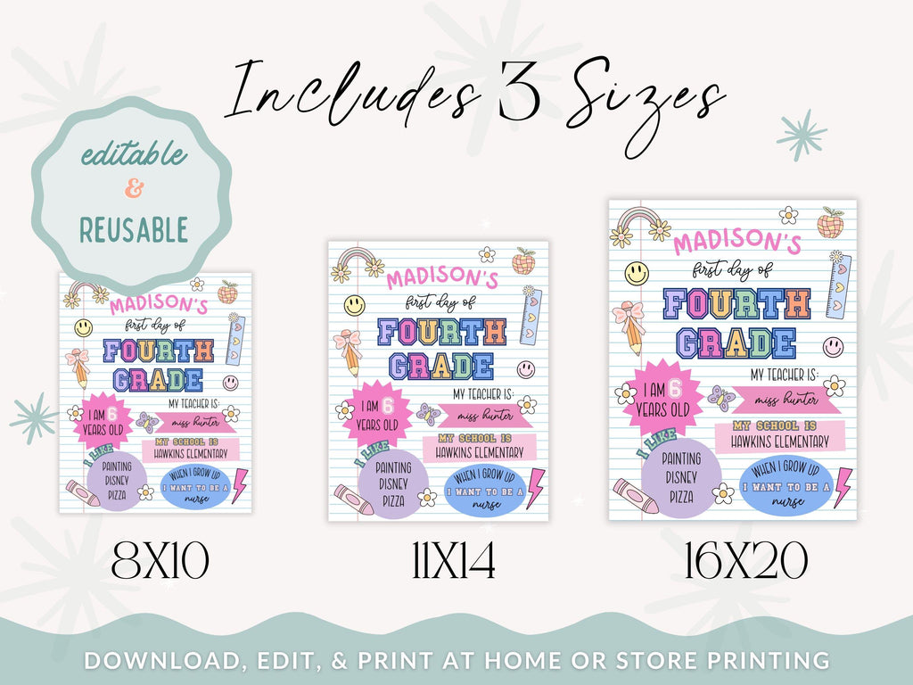 Custom First Day of School Sign Printable, Editable Back to School Sign, Personalized Last Day of 4th Grade Poster, Kids School Photo Prop