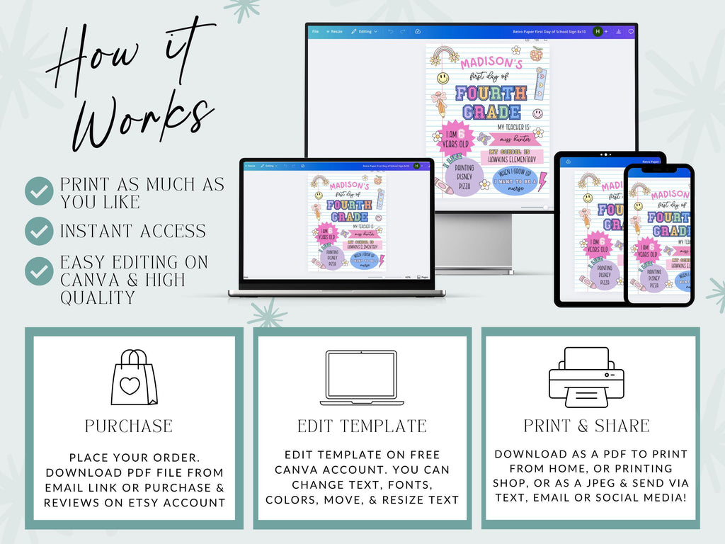 Custom First Day of School Sign Printable, Editable Back to School Sign, Personalized Last Day of 4th Grade Poster, Kids School Photo Prop