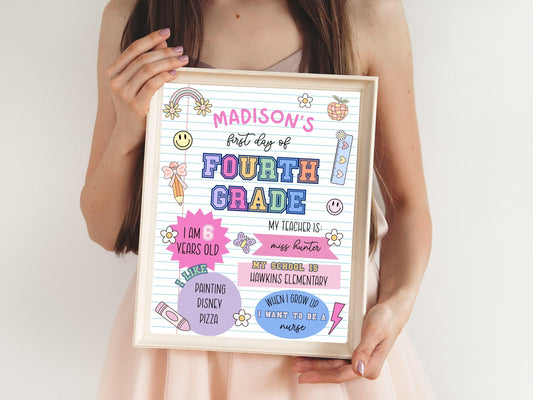 Custom First Day of School Sign Printable, Editable Back to School Sign, Personalized Last Day of 4th Grade Poster, Kids School Photo Prop