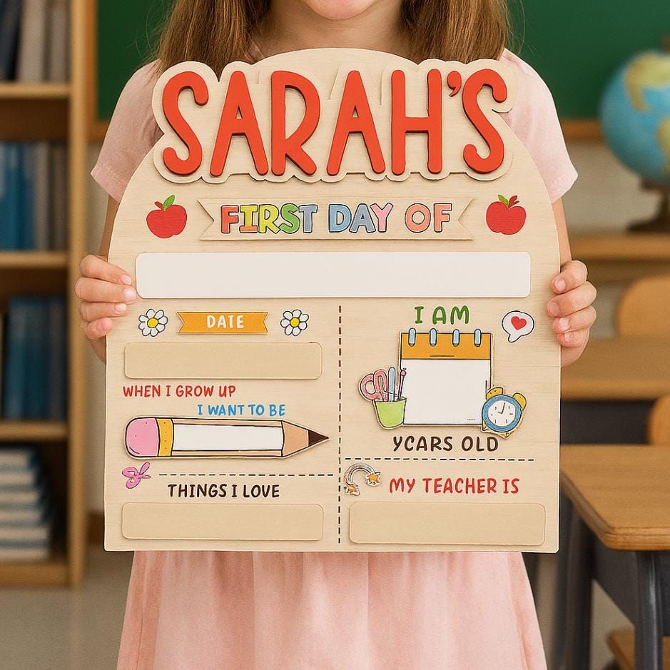 Personalized Wooden First Day of School Sign – Custom Reusable Photo Prop with Name, Age,Teacher, Date & More – Back to School Board for Kid