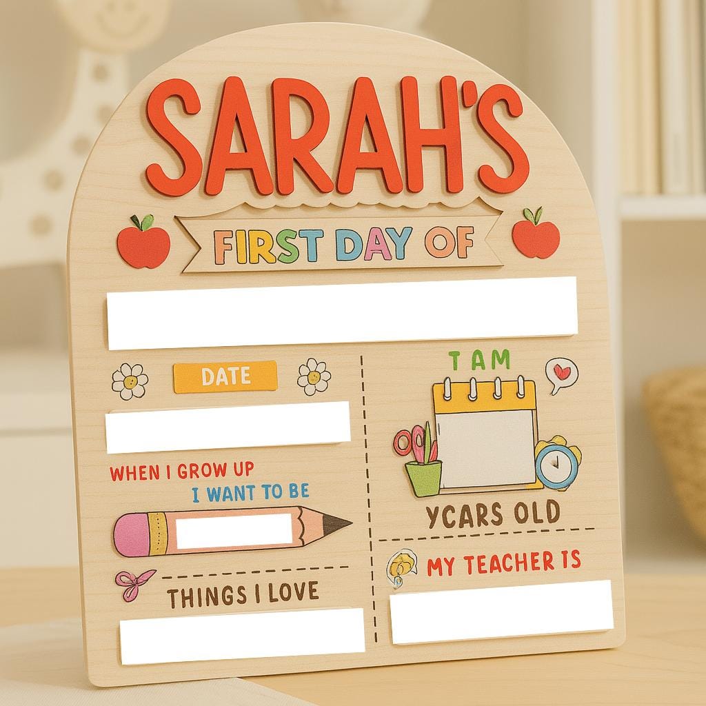 Personalized Wooden First Day of School Sign – Custom Reusable Photo Prop with Name, Age,Teacher, Date & More – Back to School Board for Kid