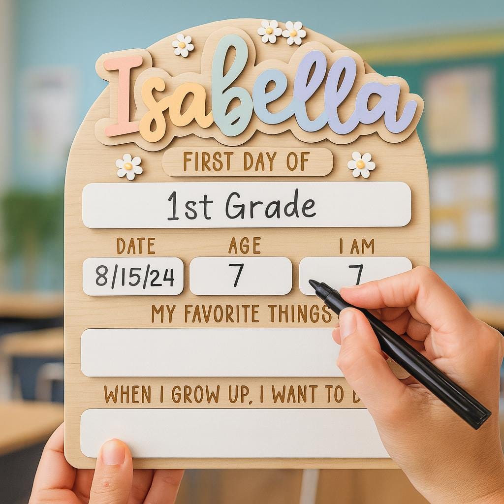 Personalized Wooden First Day of School Sign for Girls Customized Pastel Name Board Back to School Gift Reusable Photo Prop for Kids Memory